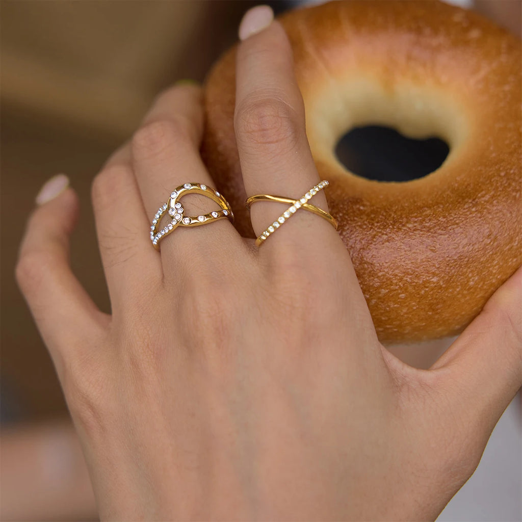 KIKA Delicate Crystal Crossed Rings18K Gold PVD Plated Stainless Steel 316L