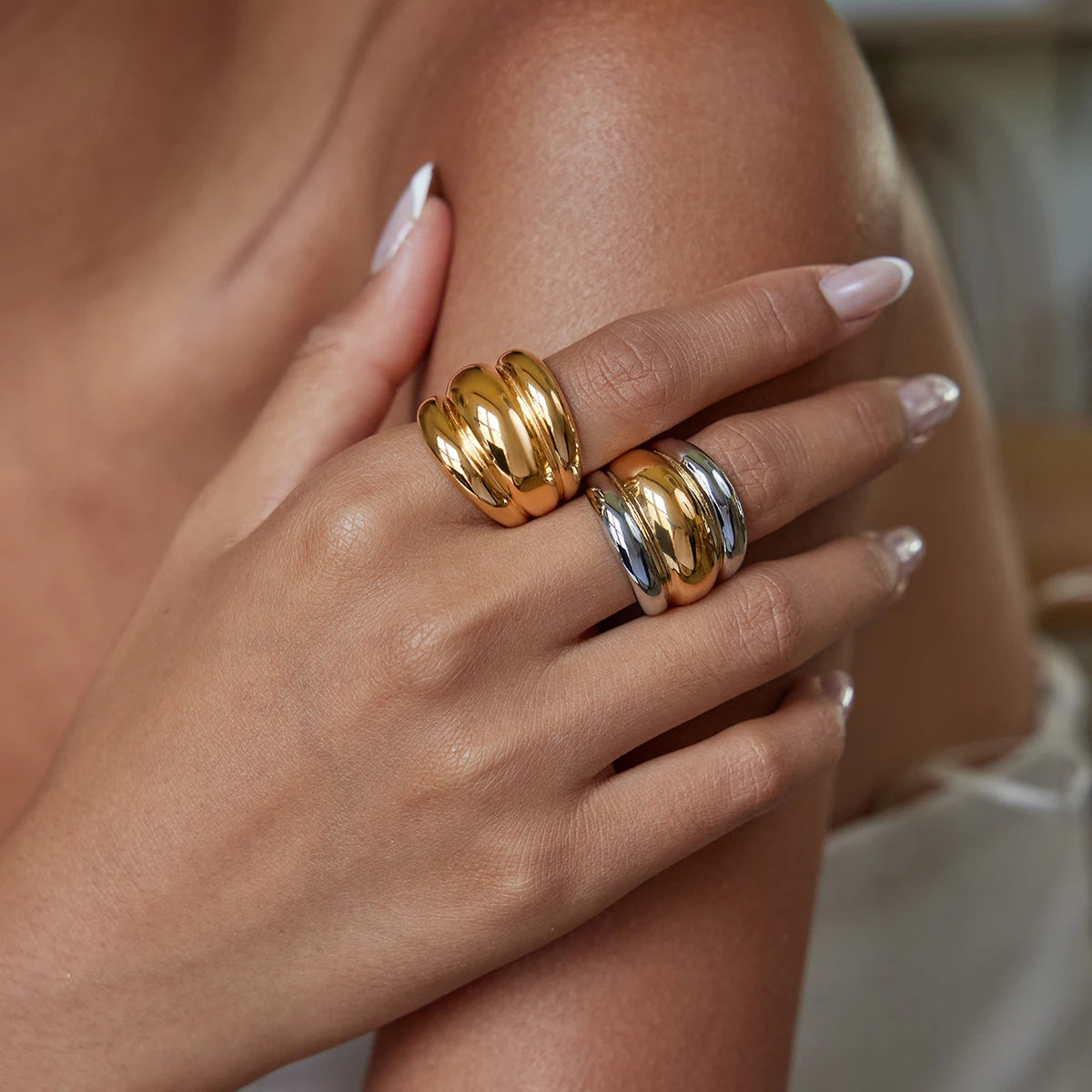 KIKA Statement 18K Gold Color Plated Stainless Steel Waterproof Two tone Chubby Three layer Raised Ribbed Ring Women's Jewelry