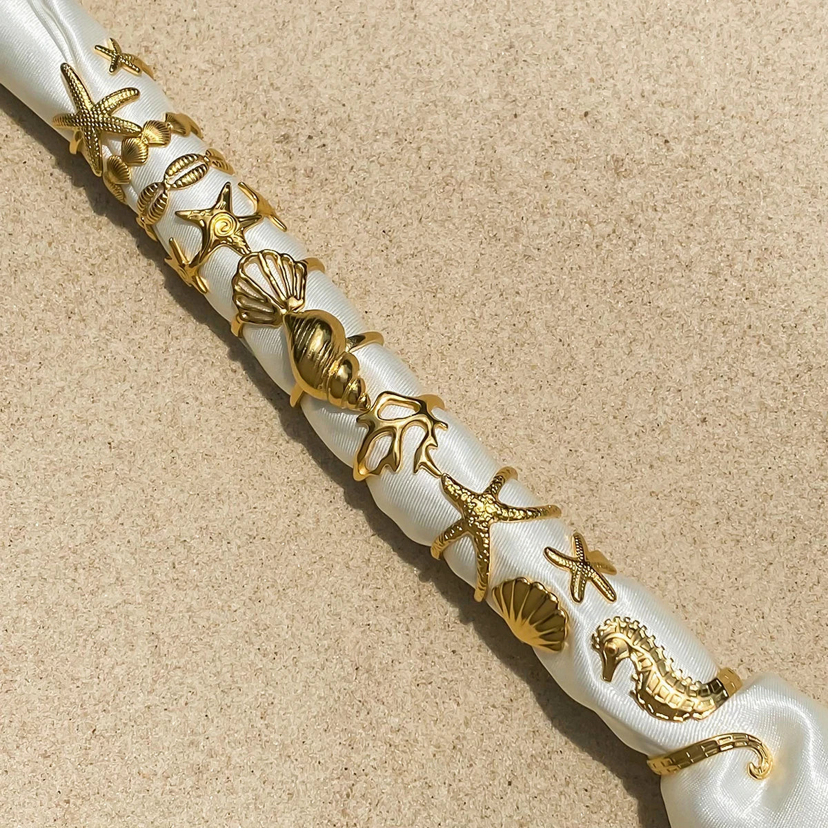 KIKA  Vacation Ocean Wind 18K Gold Color Plated Stainless Steel 316L Hollow Shell Ring Starfish Coral Stackable Ring