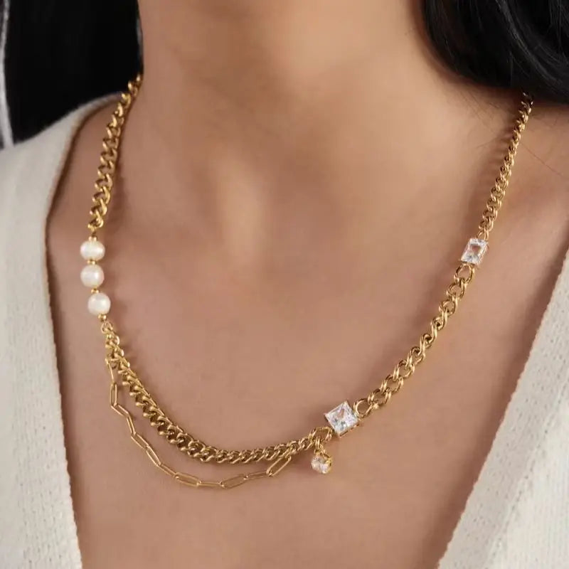 KIKA Zircon Freshwater Pearl Necklace For Women Minimalist 18K Gold PVD Plated Stainless Steel Necklace Fashion Jewelry Gift