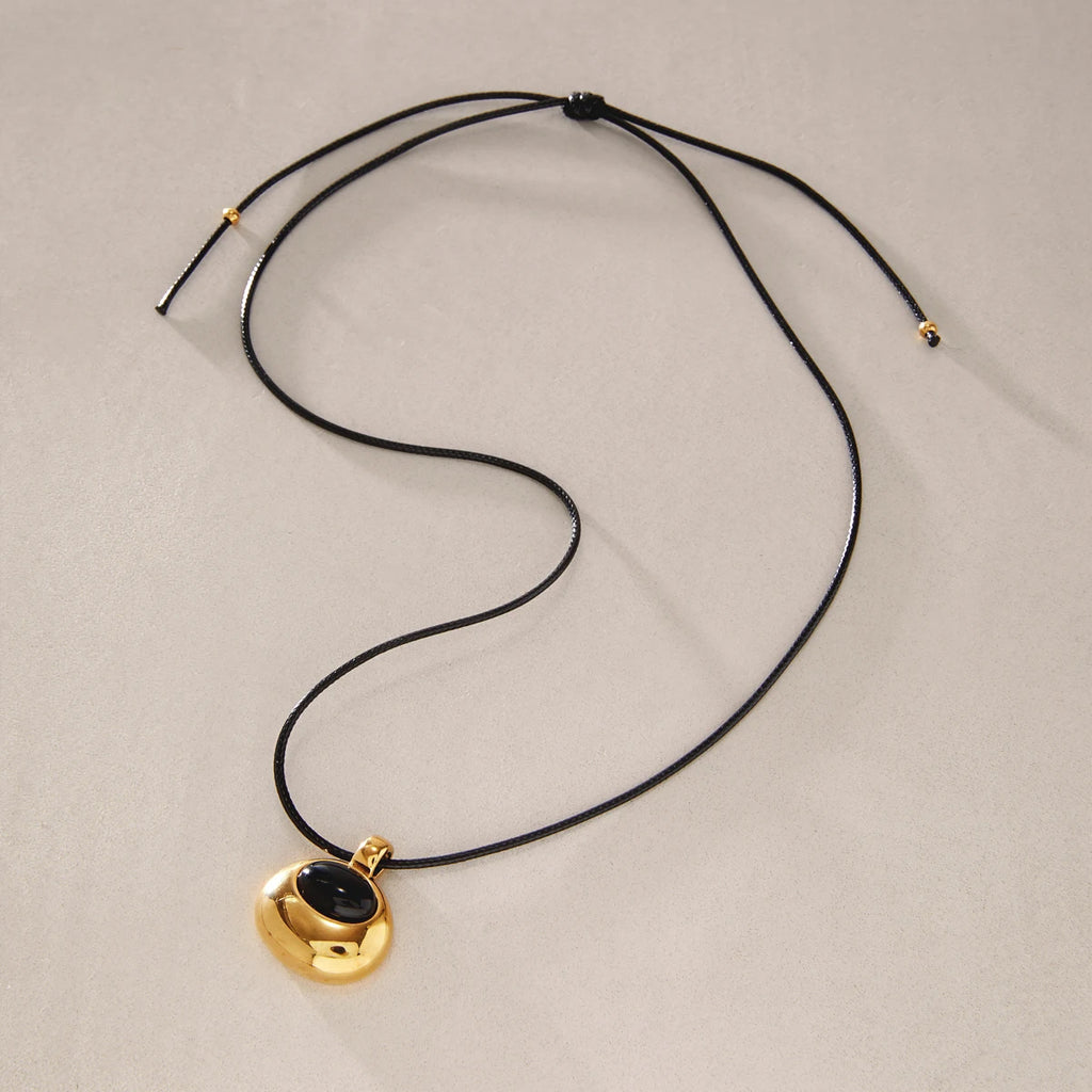 KIKA Black Agate Stone Pendant Long Rope Chain Necklace For Women 18K Gold PVD Plated Stainless Steel Necklace Fashion Jewelry