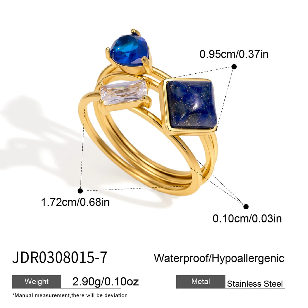 KIKA Elegant Zircon Natural Stone Rings For Women Multilayer 18K Gold PVD Plated Stainless Steel Open Rings Fashion Jewelry