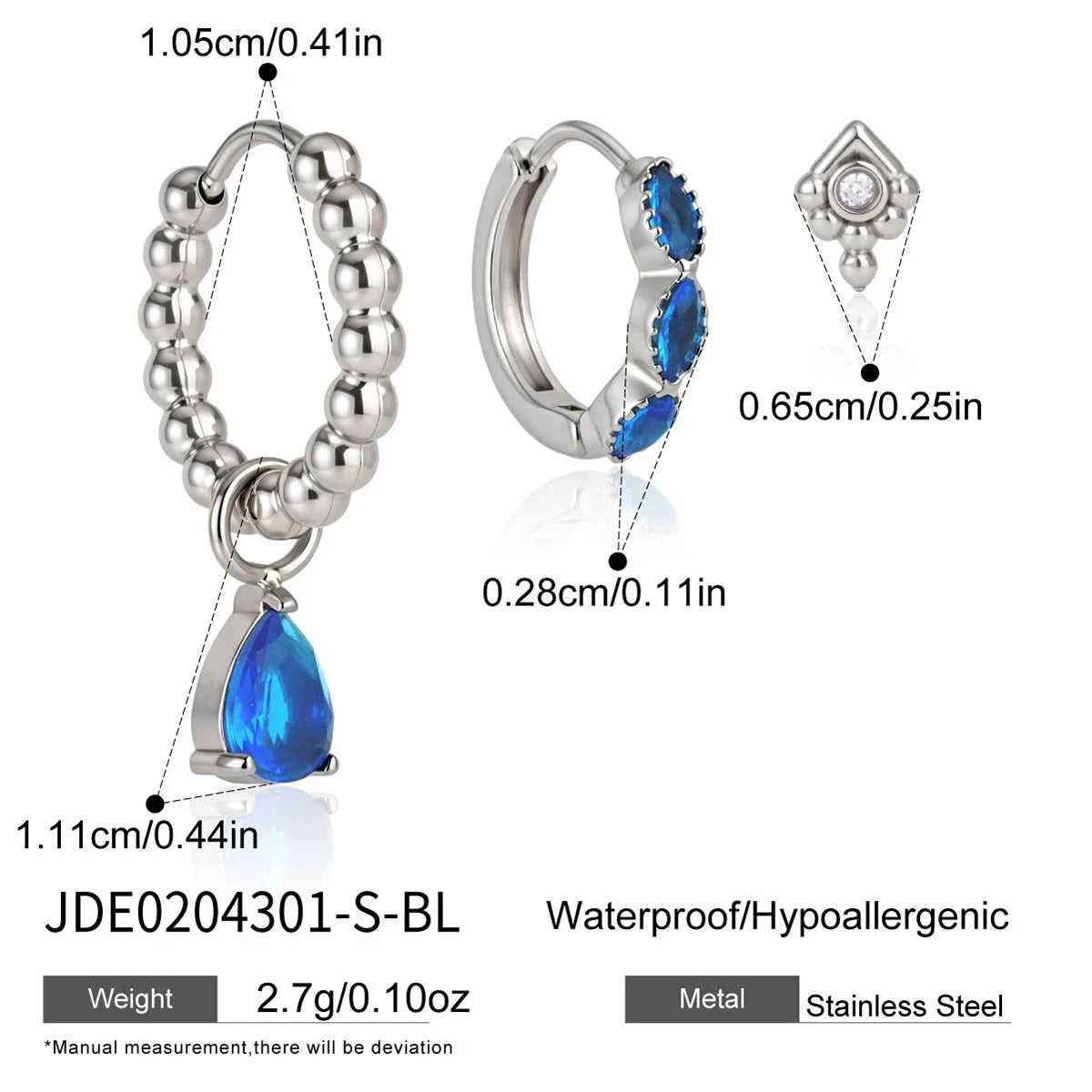 KIKA 3 Pcs/Set Elegant Zircon Earrings PVD Plated Stainless Steel 316L