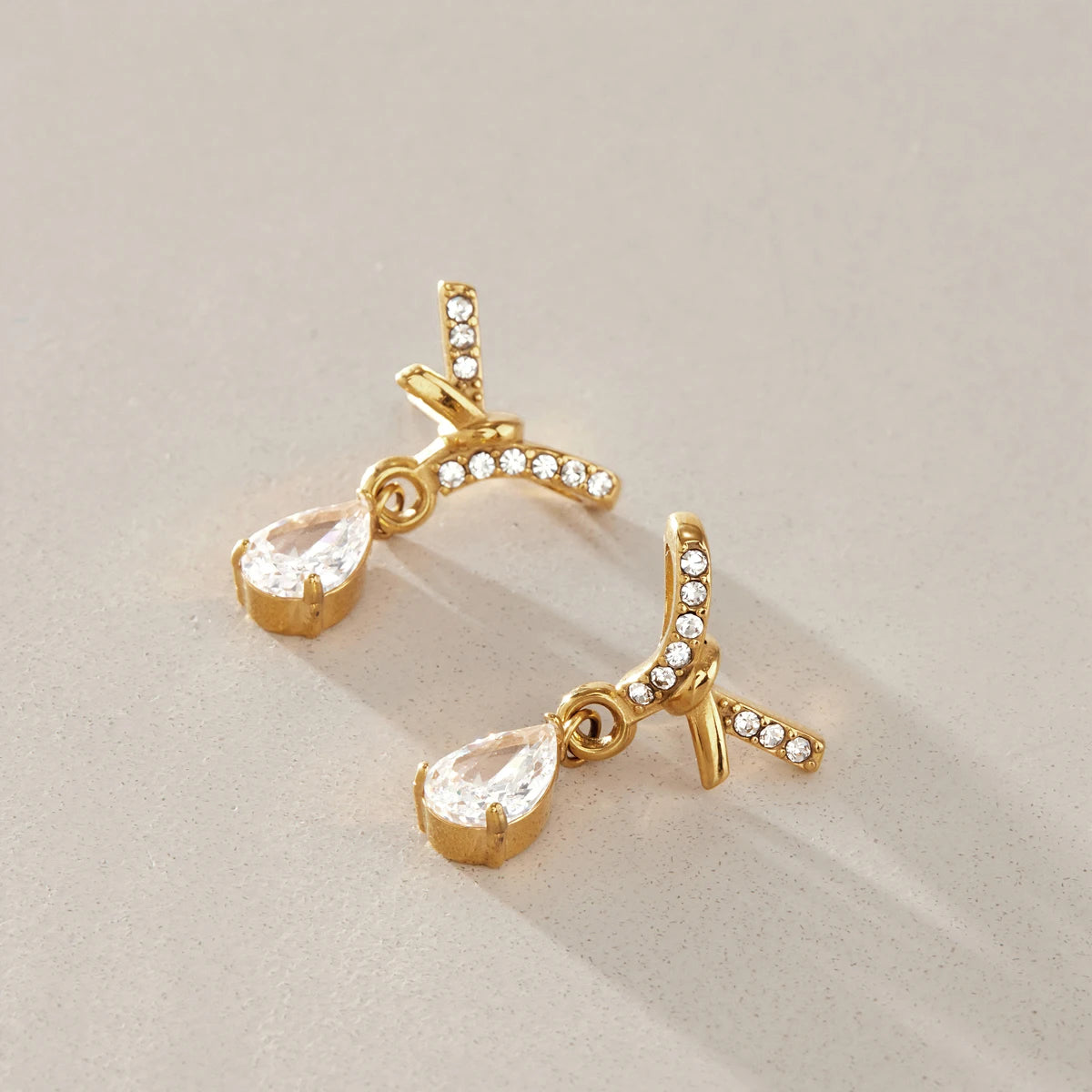 Kika Water Drop Zircon Pendant Bowknot Earrings 18K Gold PVD Plated Stainless Steel 316L