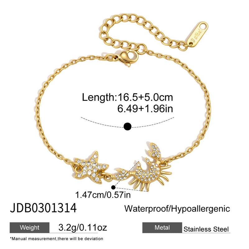 Kika Delicate Crab Starfish Lobster White Rhinestone Ring Bracelet