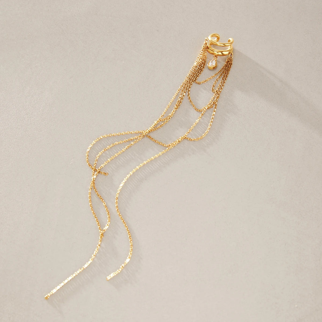 KIKA Water Drop Zircon Long Chains Tassel Non-piercing Ear Clip For Women Classic 18K Gold PVD Plated Stainless Steel 316L
