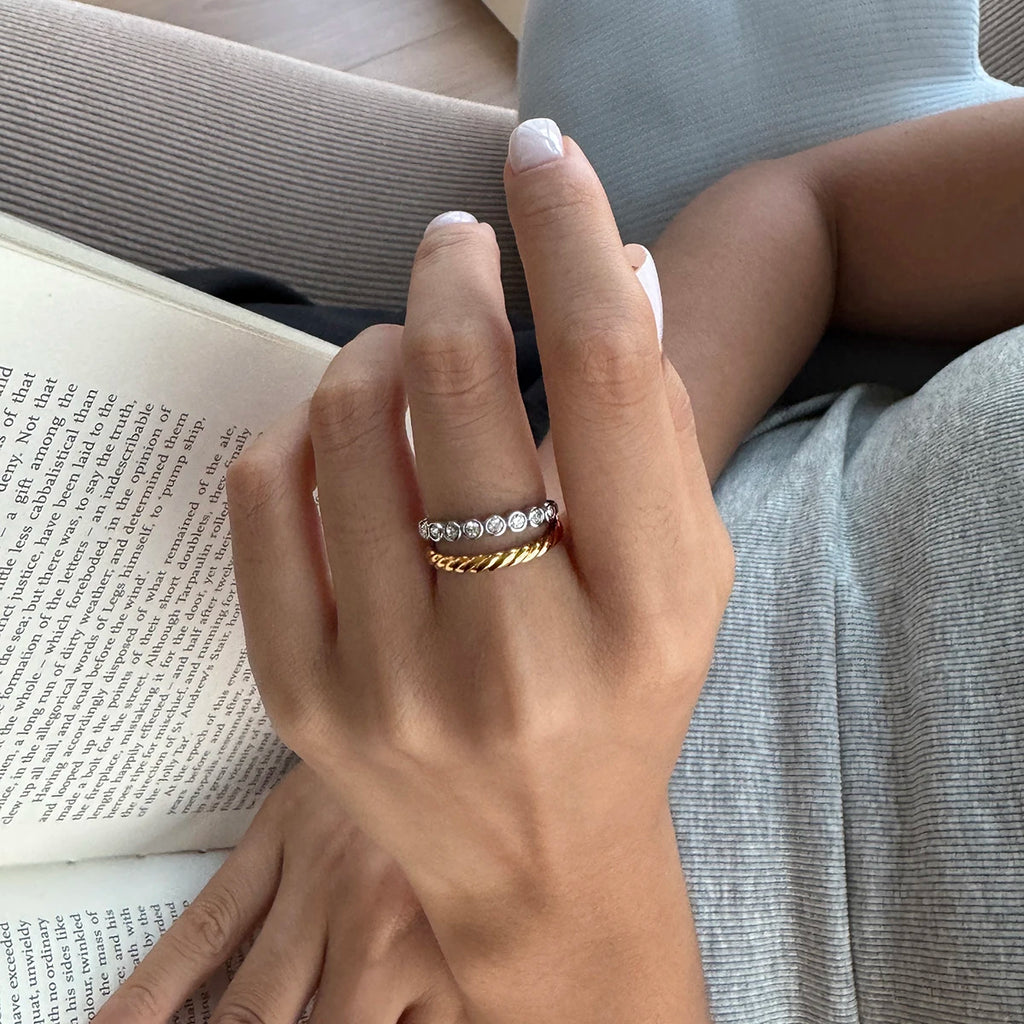 KIKA Delicate Zircon Mixed Color Double Layer Rings For Women 18K Gold PVD Plated Stainless Steel 316L