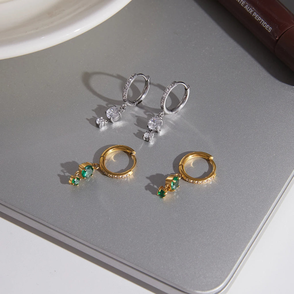 KIKA Green Glass White Zircon Drop Earrings PVD Gold Plated Stainless Steel 316L