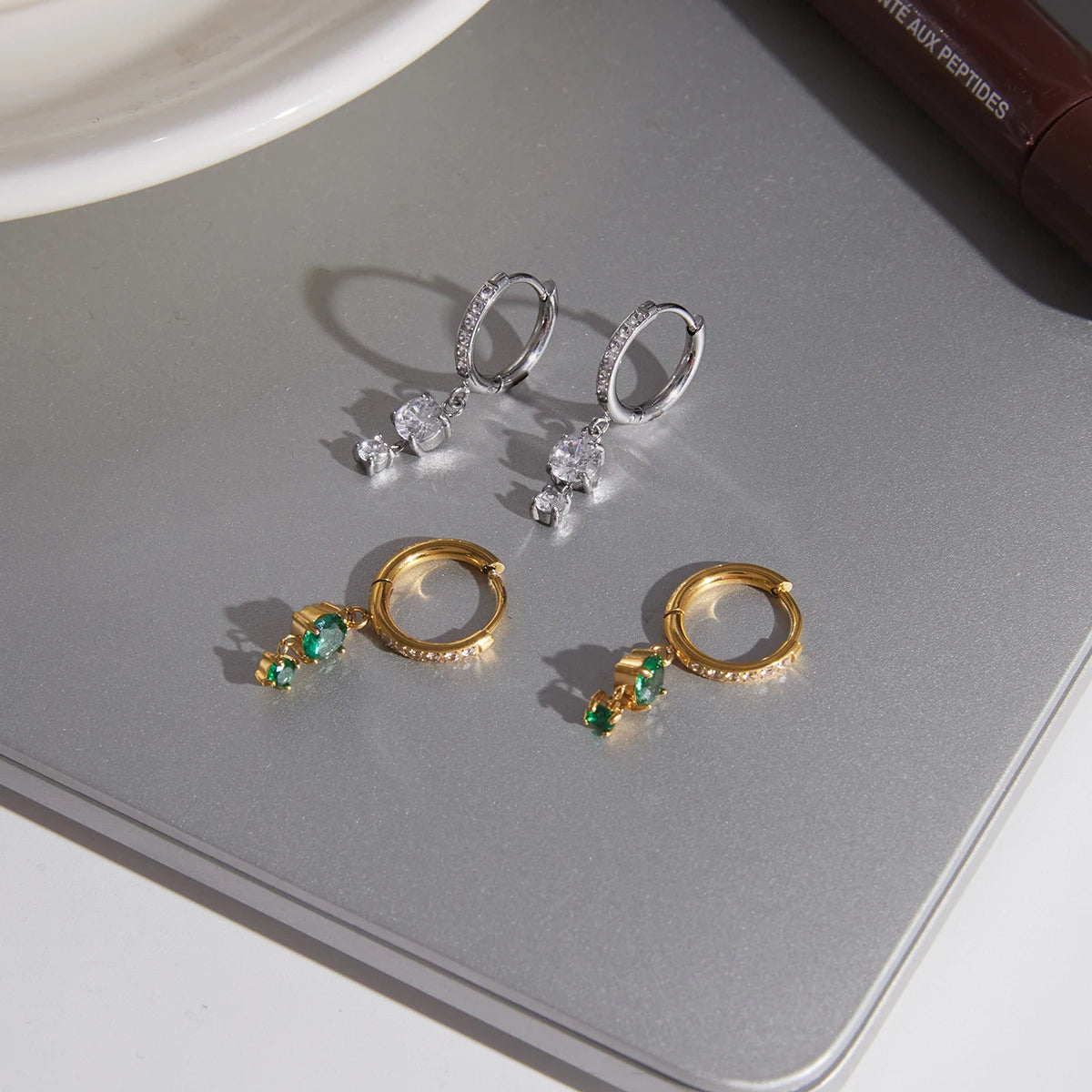 KIKA Green Glass White Zircon Drop Earrings PVD Gold Plated Stainless Steel 316L