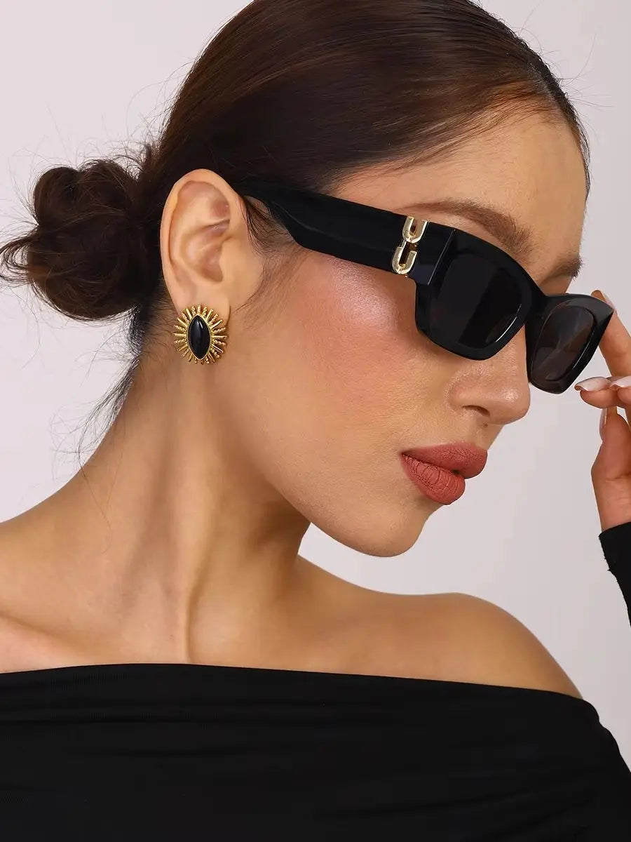 Black Stone Earrings Statement Golden Metal