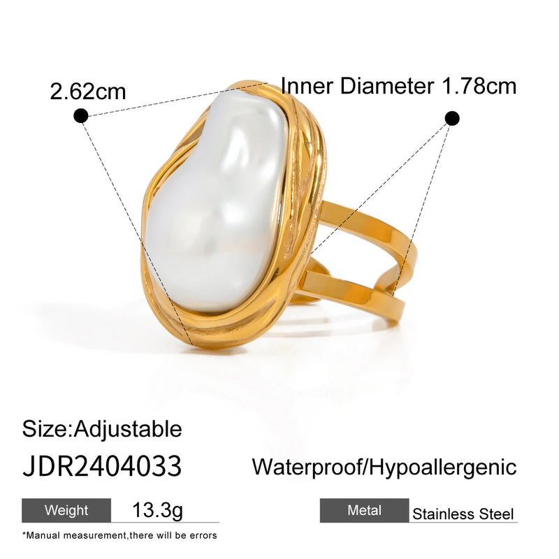 KIKA Baroque Big Pearl Stainless Steel Fashion Ring 18K Gold Color Charm Stylish Vintage Jewelry for Women Gala Gift