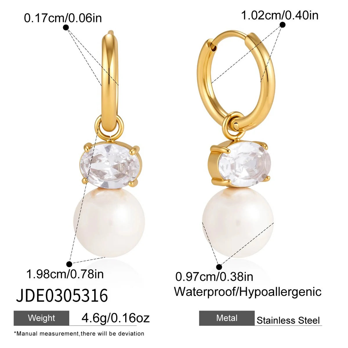 KIKA Elegant Zircon Imitation Pearl Drop EarringsPVD Plated Stainless Steel 316L