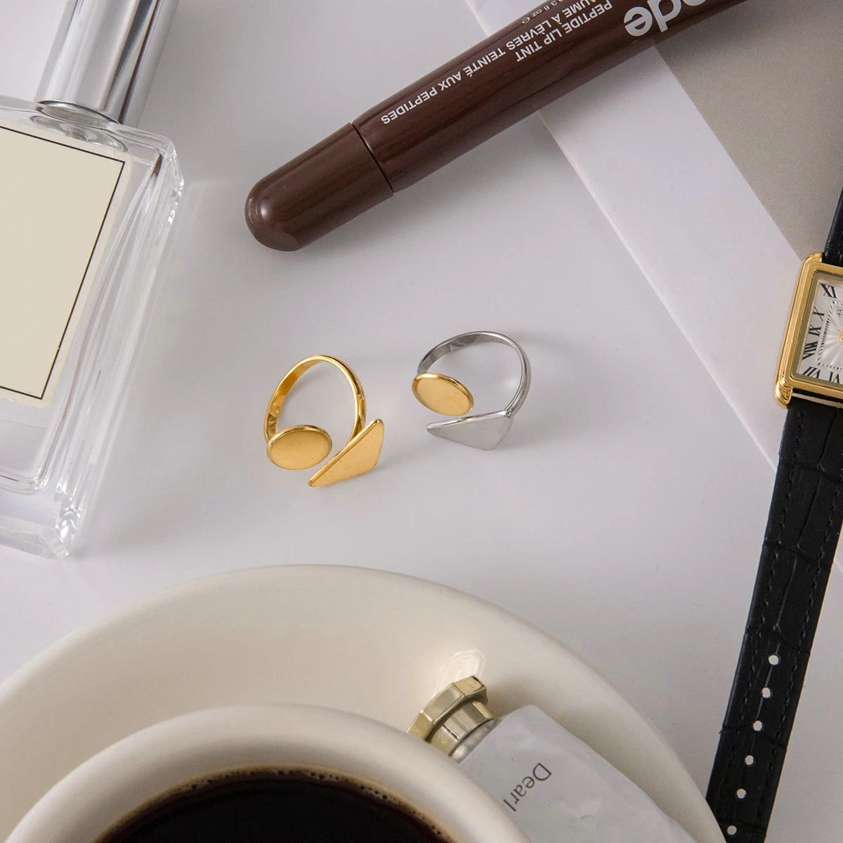 KIKA Minimalist Classic 18K Gold Color PVD Plated Stainless Steel 316L Geometric Pattern Asymmetric Ring Waterproof