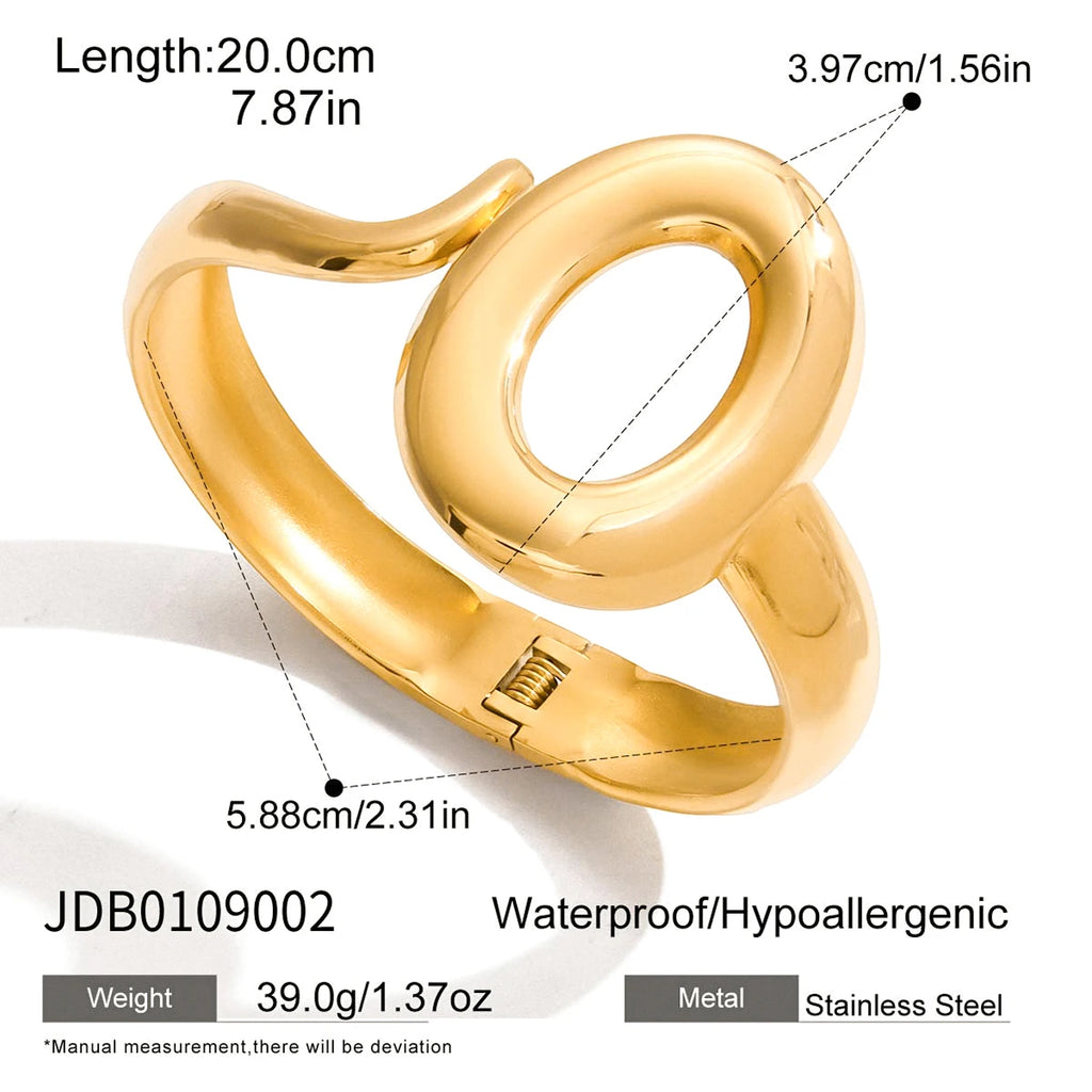 Kika Minimalist Line Asymmetric Engraved O-shaped Hollow Spring Opening Bracelet 18K PVD Stainless Steel