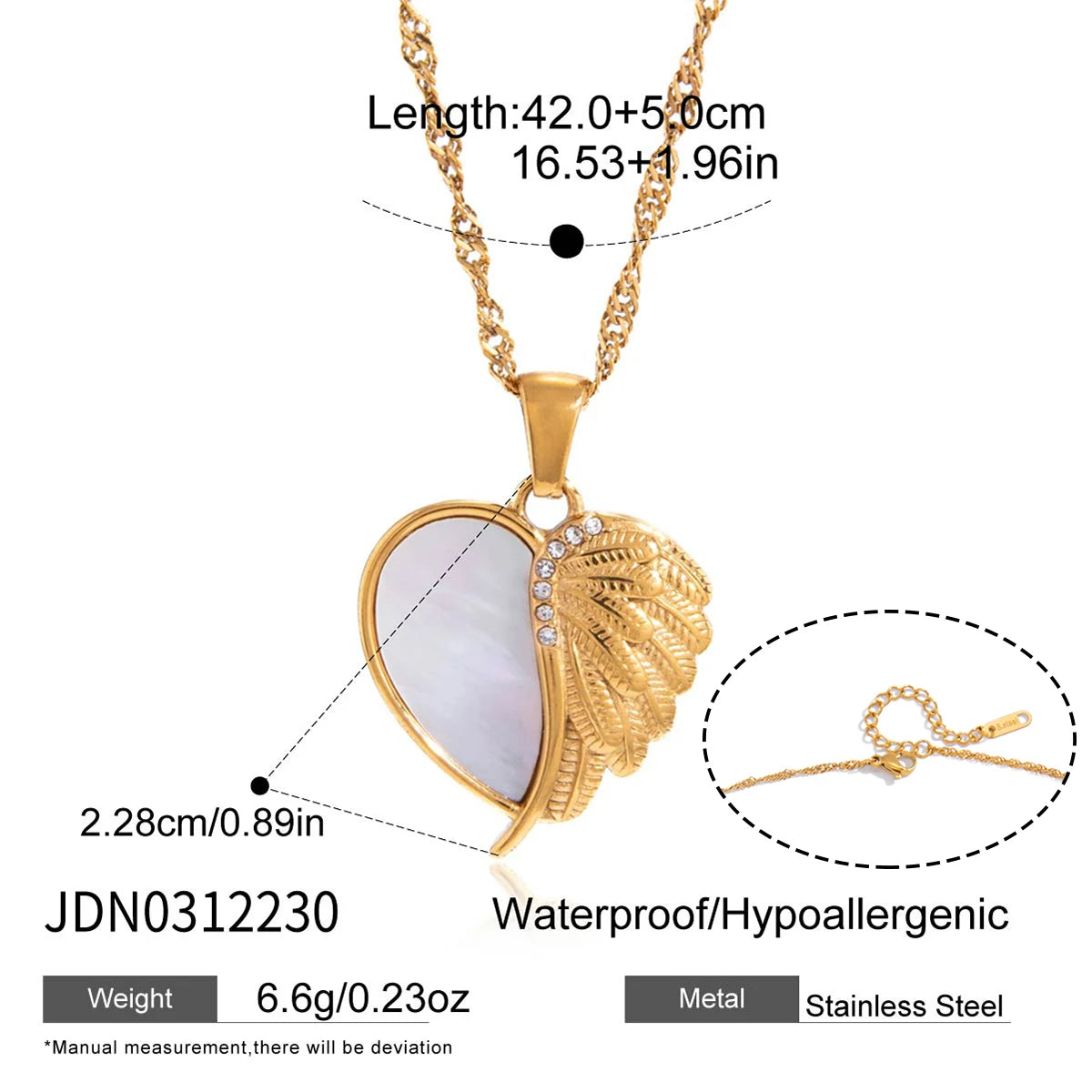 Kika Elegant White Shell Heart Wing Pendant Necklace