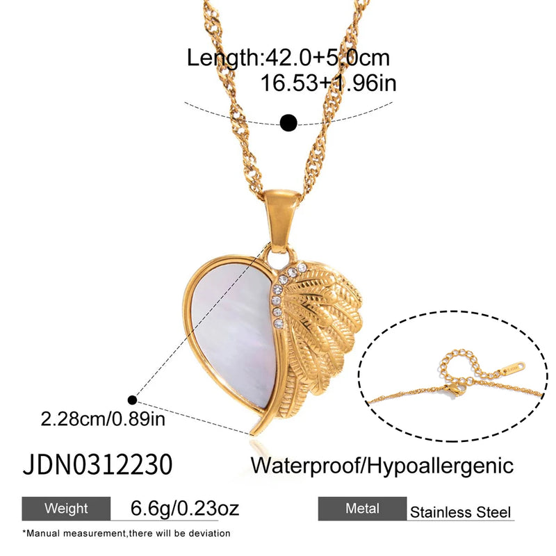 Kika Elegant White Shell Heart Wing Pendant Necklace