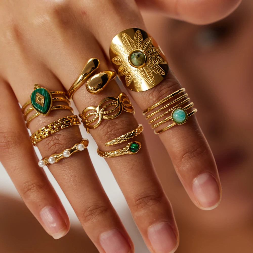 Kika Stainless Steel Natural Stone Green Turquoise Malachite Ring