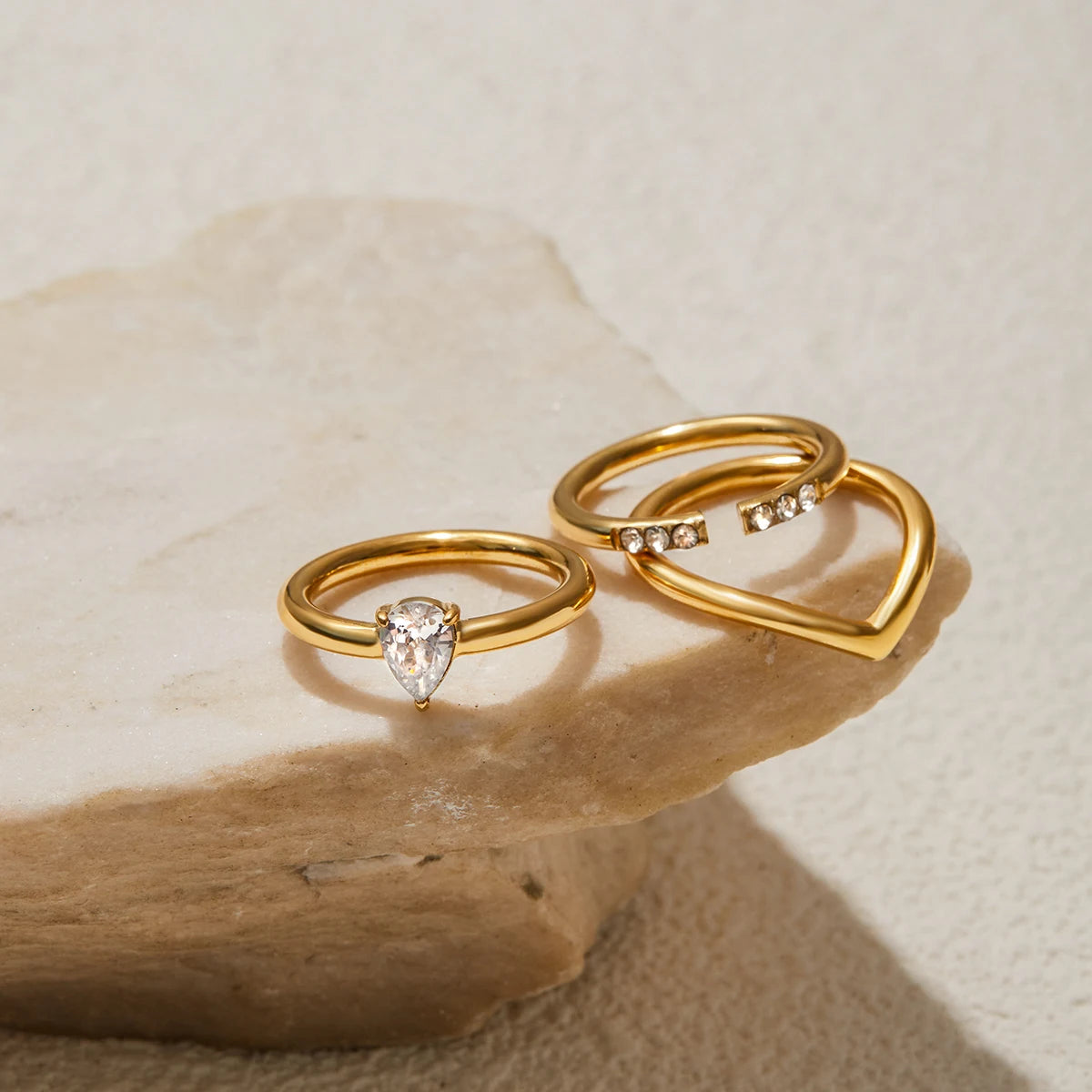 Kika Minimalist 18K Gold Color Plated Stainless Steel Zircon Water Drop Ring V-shaped Stackable