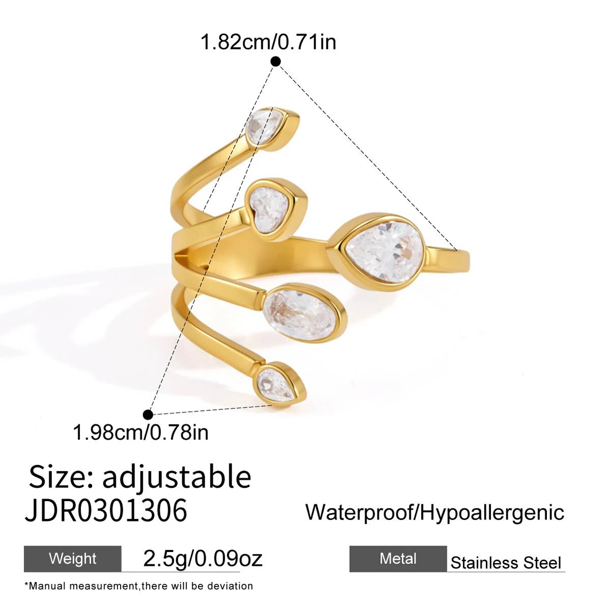 KIKA Delicate Geometric Zircon Multilayer Open Rings PVD Plated Stainless Steel 316L