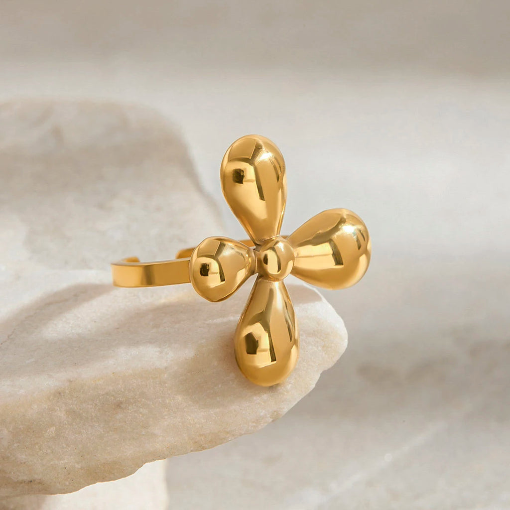 KIKA Fashion Four Petal Flower Adjustable Ring PVD Plated Stainless Steel 316L