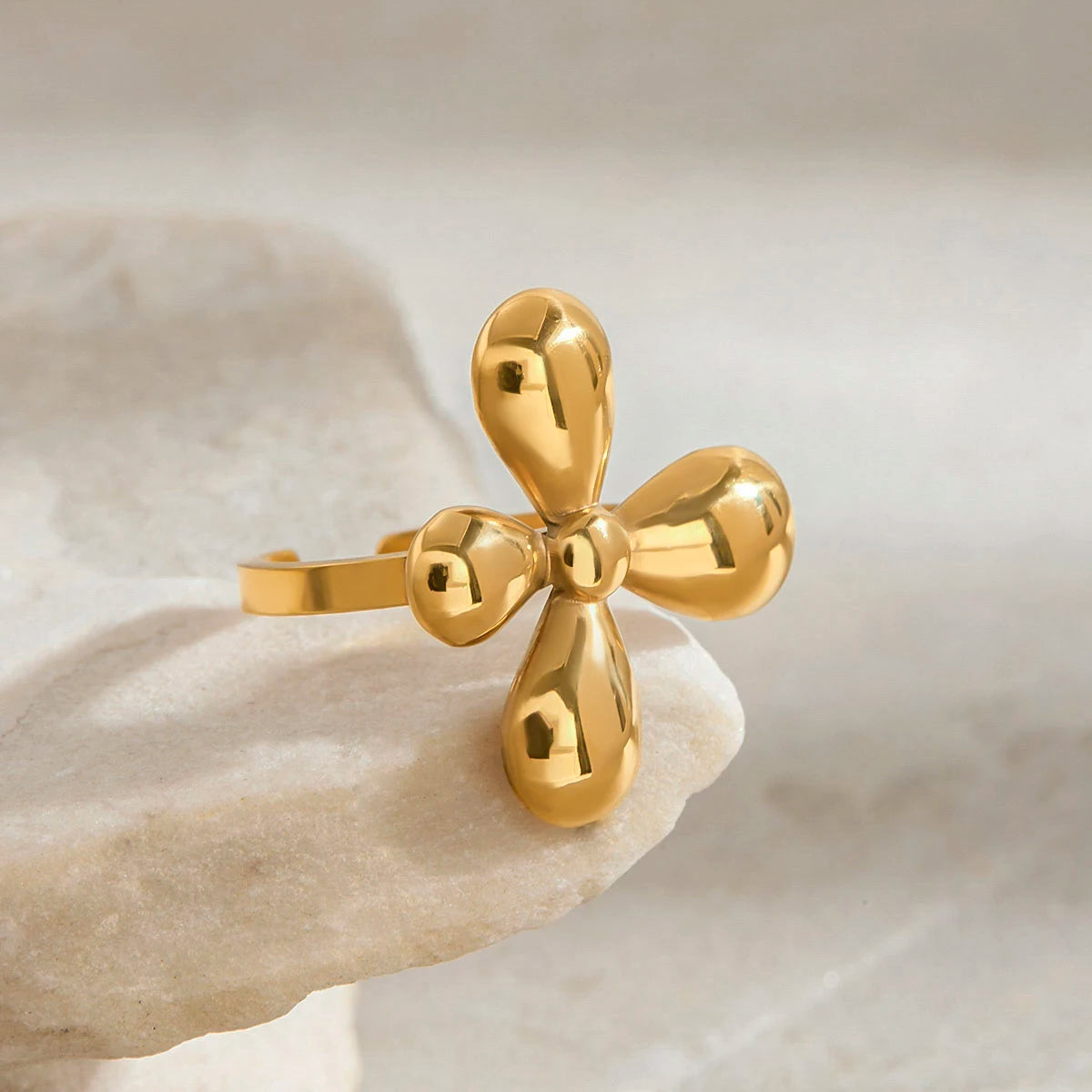 KIKA Fashion Four Petal Flower Adjustable Ring PVD Plated Stainless Steel 316L