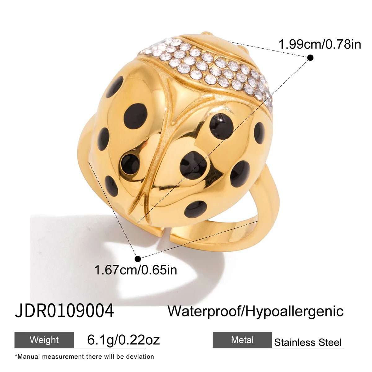 KIKA Fashion Stainless Steel 316L Zircon Drop Oil Ladybug Flower Adjustable Open Ring 18K Golden PVD Plated High Quality Jewelry