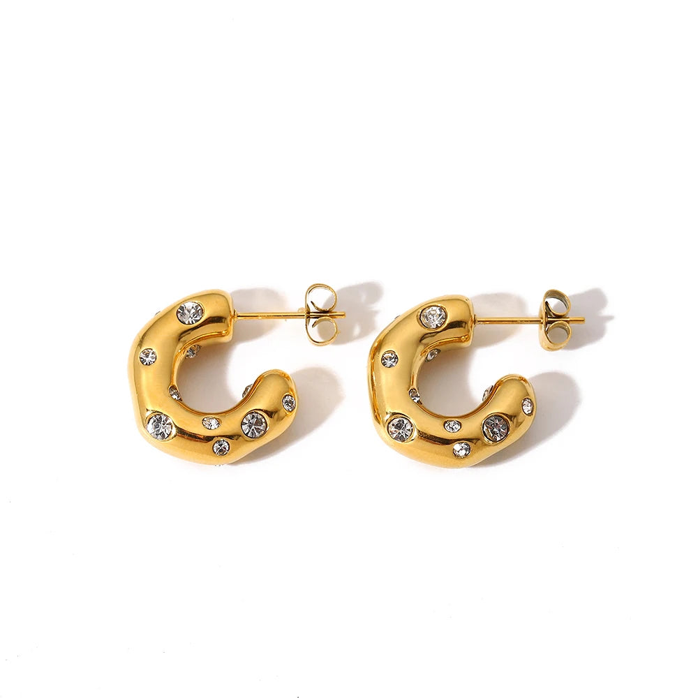KIKA Shaped Hammer Shiny Zircon CC Shape Hoop Earrings For Women 18K Gold PVD Plated Stainless Steel 316L