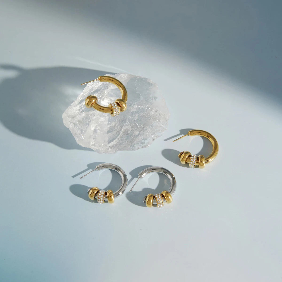 KIKA Delicate White Rhinestone C-Shaped Spliced Loop Earrings PVD Plated Stainless Steel 316L