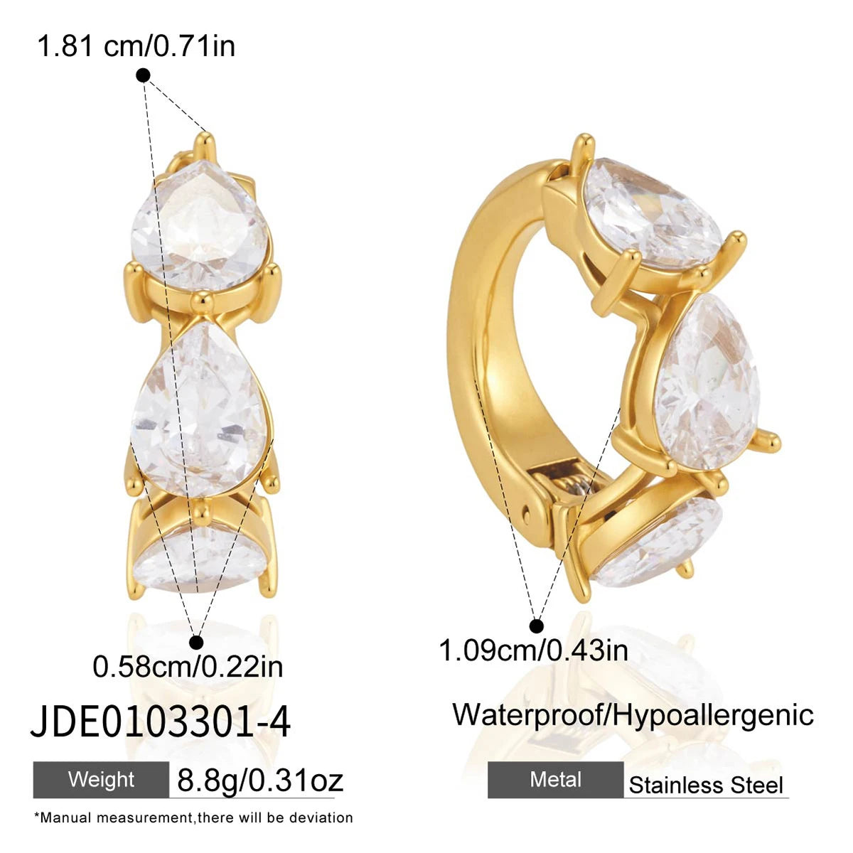 KIK Geometric Zircon Elastic Non-piercing Ear Clips  18K Gold Plated PVD  Stainless Steel316L