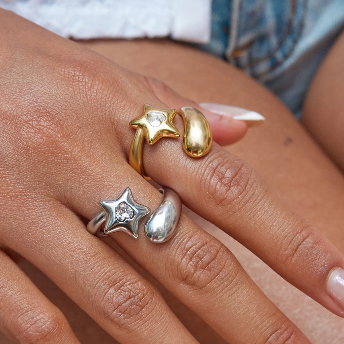 Kika Designer's 18K Gold Color Plated Stainless Steel Heart-Shaped Rhinestone Pentagram Ring