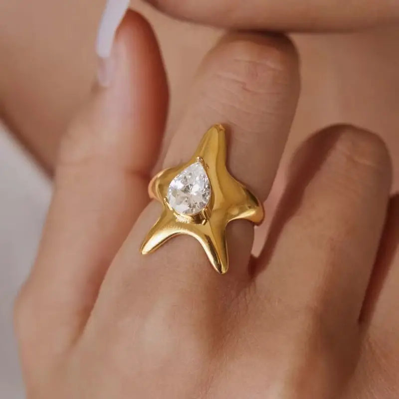 KIKA Classic Water Drop Zircon Star Open Rings For Women Minimalist 18K Gold PVD Plated Stainless Steel Rings Fashion Jewelry