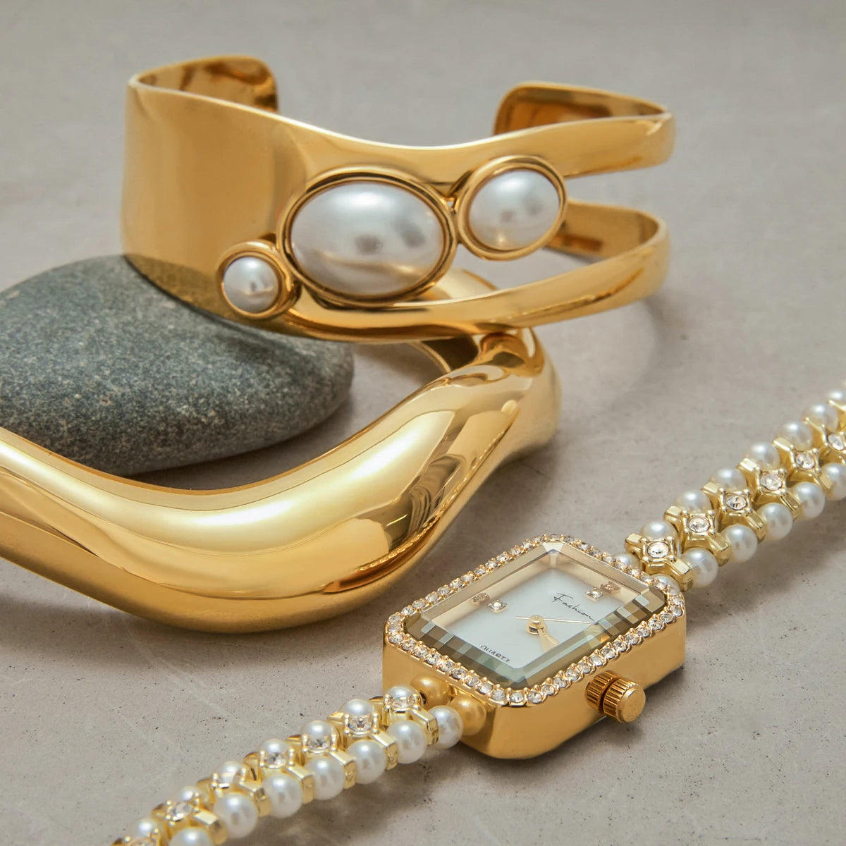 KIKA Fashion Pearl Rectangular Watch PVD  Plated Stainless Steel 316L