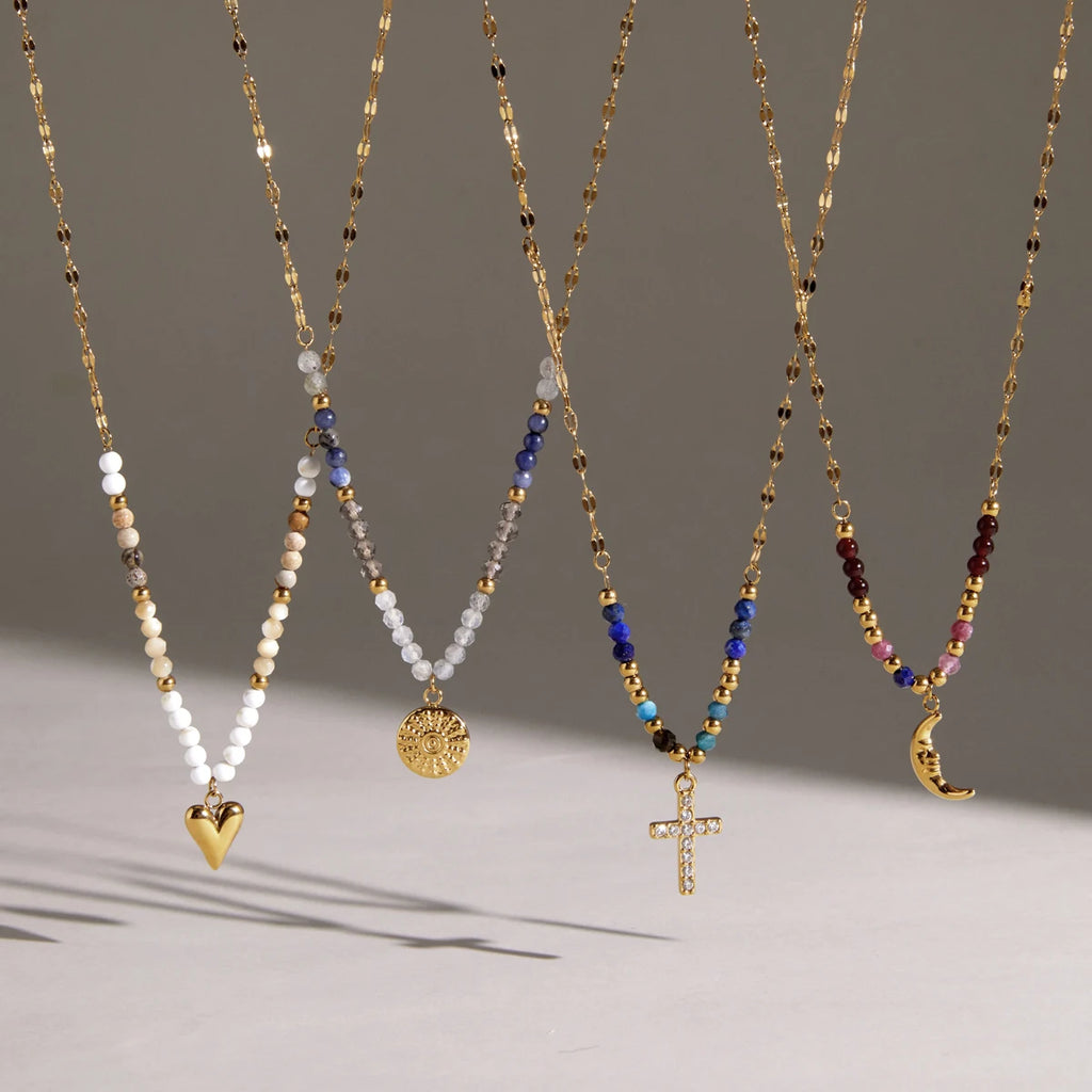 KIKA Natural Stone Beads Geometric Pendant Necklace For Women 18K Gold Plated Stainless Steel 316L