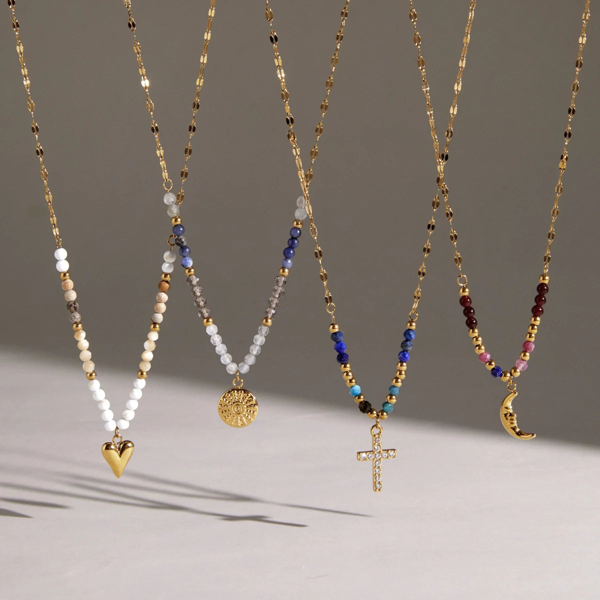 KIKA Natural Stone Beads Geometric Pendant Necklace For Women 18K Gold Plated Stainless Steel 316L
