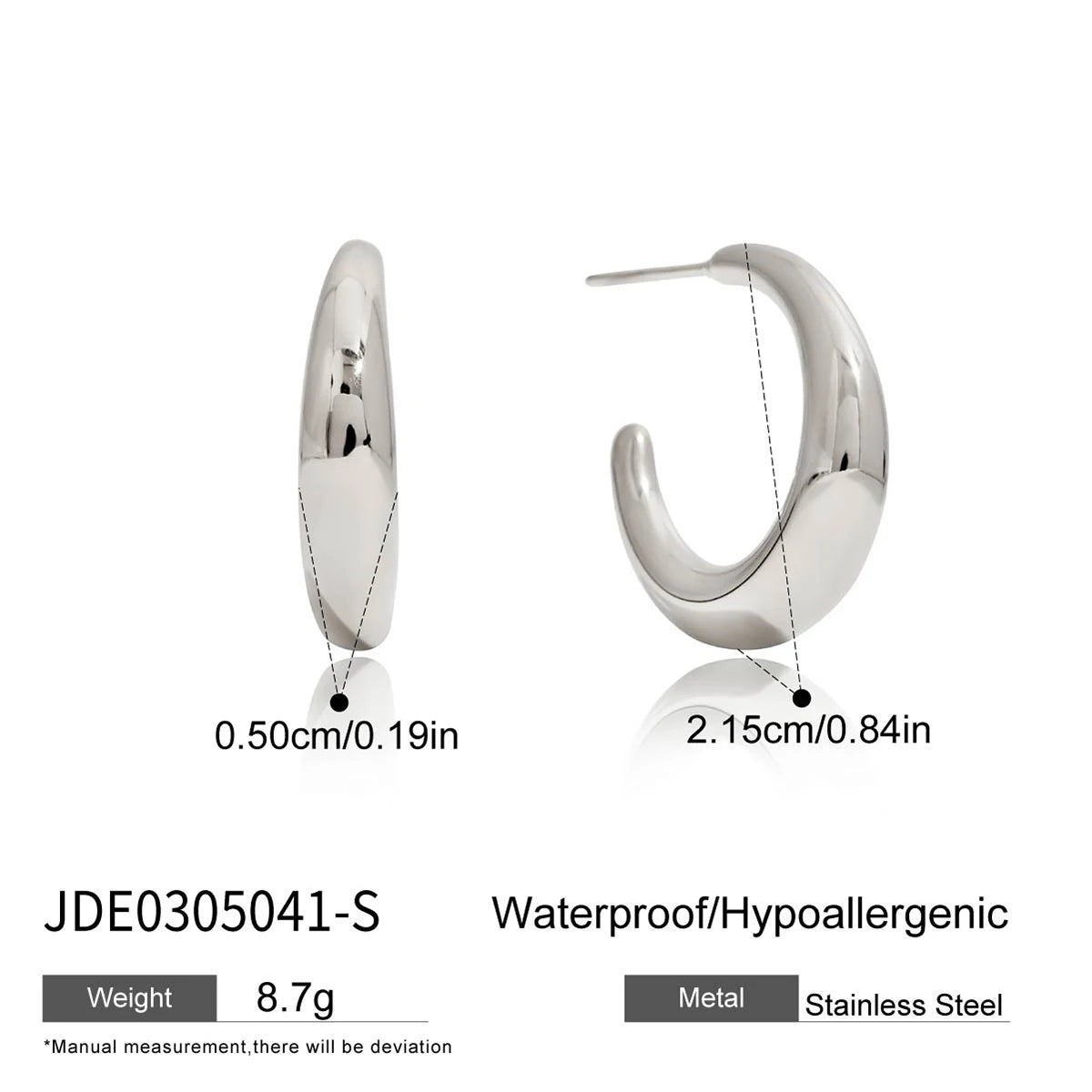 KIKA Minimalist Classic 18K Gold Color PVD  Plated Stainless Steel 316L C-Shaped Earrings Hypoallergenic Waterproof