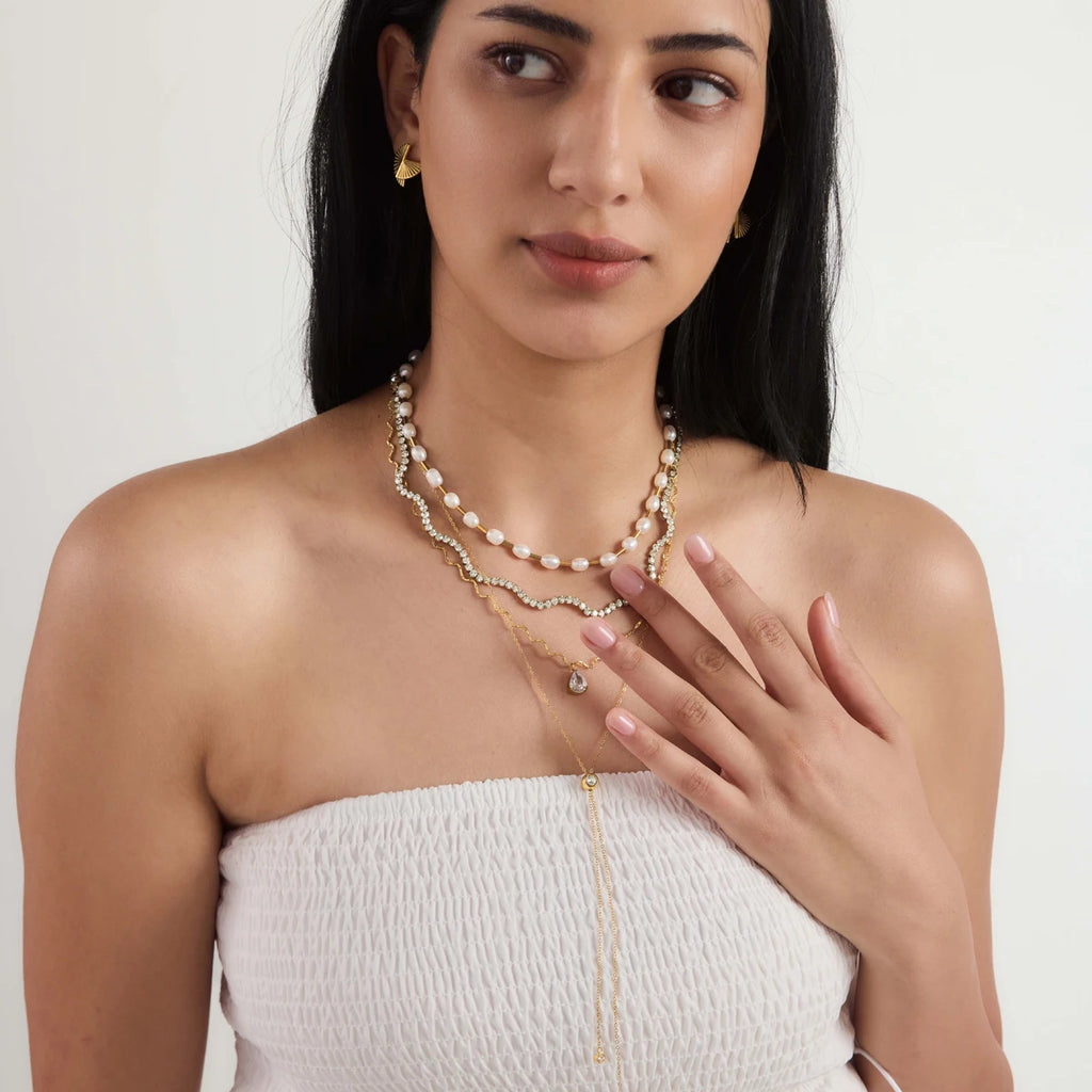 KIKA Classic Crystal Tennis Chain Wave Shape Necklace For Women 18K Gold PVD Plated Stainless Steel Necklace Fashion Jewelry