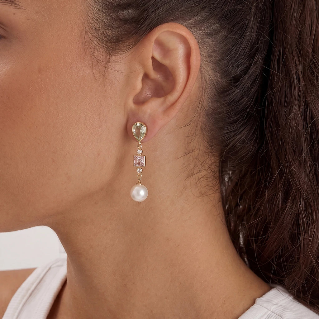 Kika Elegant Imitation Pearl Crystal Drop Earrings For Women 18K Gold PVD Plated Stainless Steel 316L