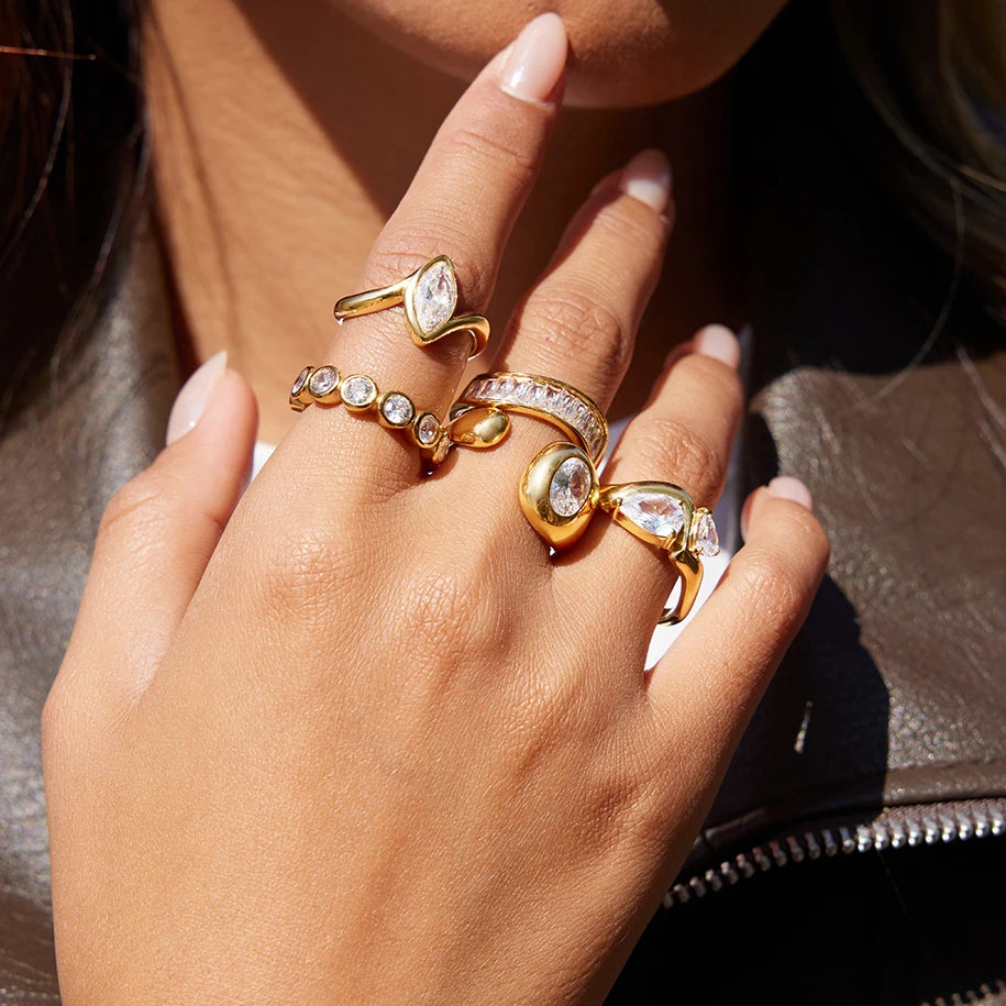KIKA Classic style  white zircon inlaid stone ring Stainless Steel 316L Gold Color layering Rings