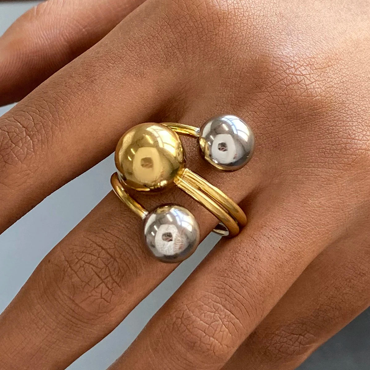Kika Stainless Steel Ball Adjustable Ring Statement Golden Metal Trendy Finger Ring