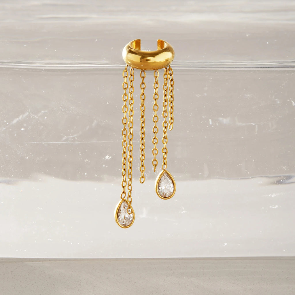 KIKA 1 PC Water Drop Zircon Chains Tassel Non-piercing Ear Clip 18K Gold Plated Stainless Steel 316L