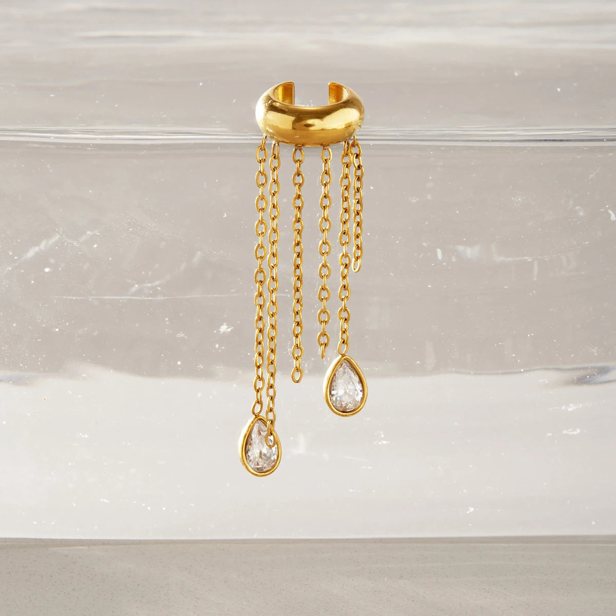 KIKA 1 PC Water Drop Zircon Chains Tassel Non-piercing Ear Clip 18K Gold Plated Stainless Steel 316L