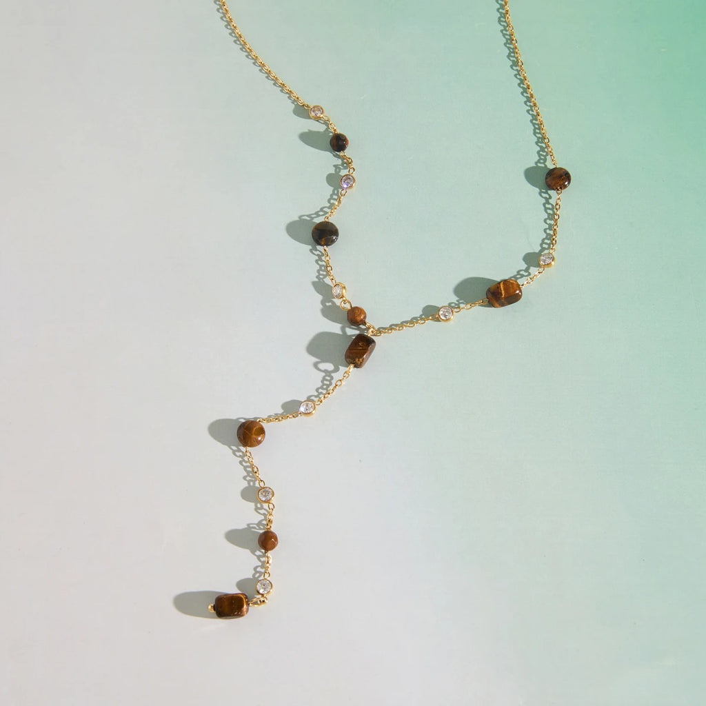 KIKA Tiger Eye Stone Pendant Y Shape Chain Necklace For Women 18K Gold Plated Stainless Steel Necklace Fashion Jewelry Gift