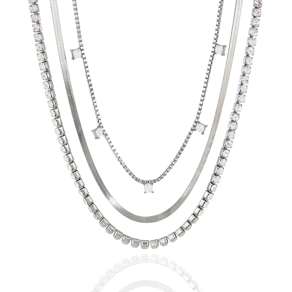 Kika Delicate Steel Color Square White Zircon Pendant Three-Layer Multi-Layer Necklace