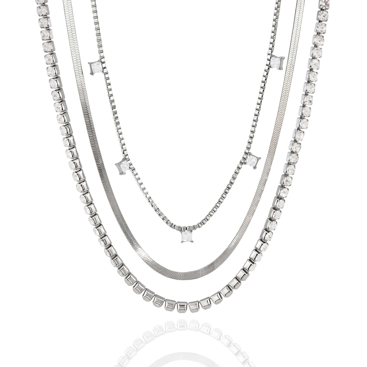 Kika Delicate Steel Color Square White Zircon Pendant Three-Layer Multi-Layer Necklace