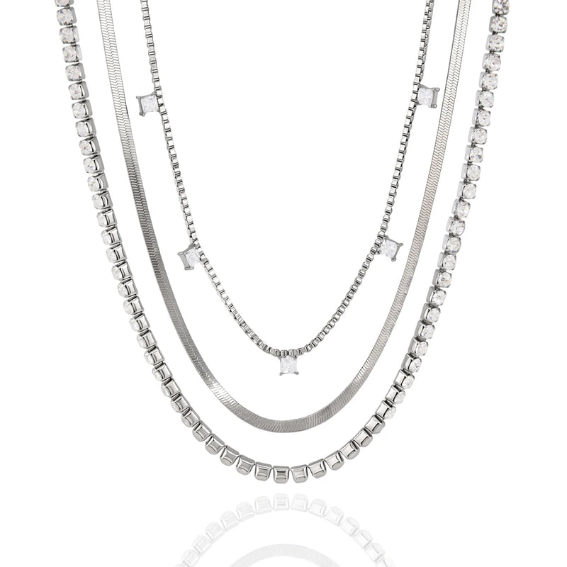 Kika Delicate Steel Color Square White Zircon Pendant Three-Layer Multi-Layer Necklace