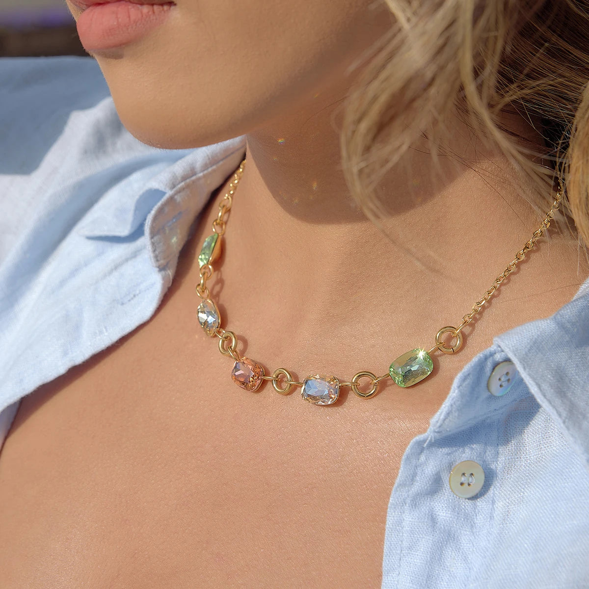 Kika Summer Delicate Geometric Colored Rhinestone Chain Necklace