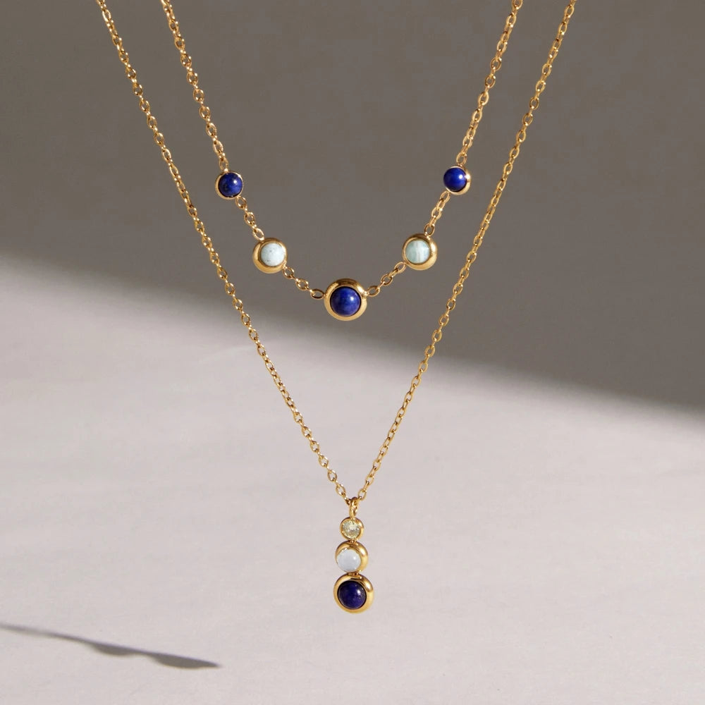 KIKA Lapis Lazuli Stone Zircon Pendant Necklace For Women Minimalist 18K Gold Plated Stainless Steel Necklace 316L