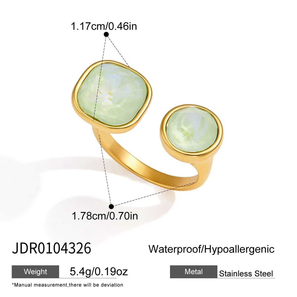 KIKA Lovely Geometric Glass Crystal Open RingsPVD 18K Gold Plated Stainless Steel 316L