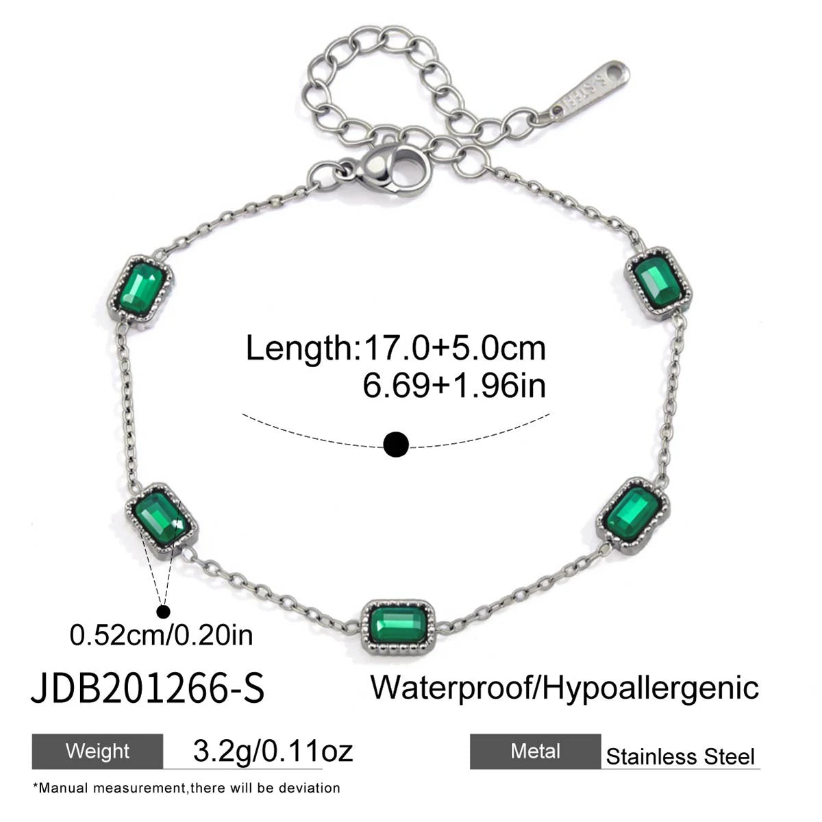 KIKA Elegant Green Zircon Chain Bracelet PVD Plated Stainless Steel 316L