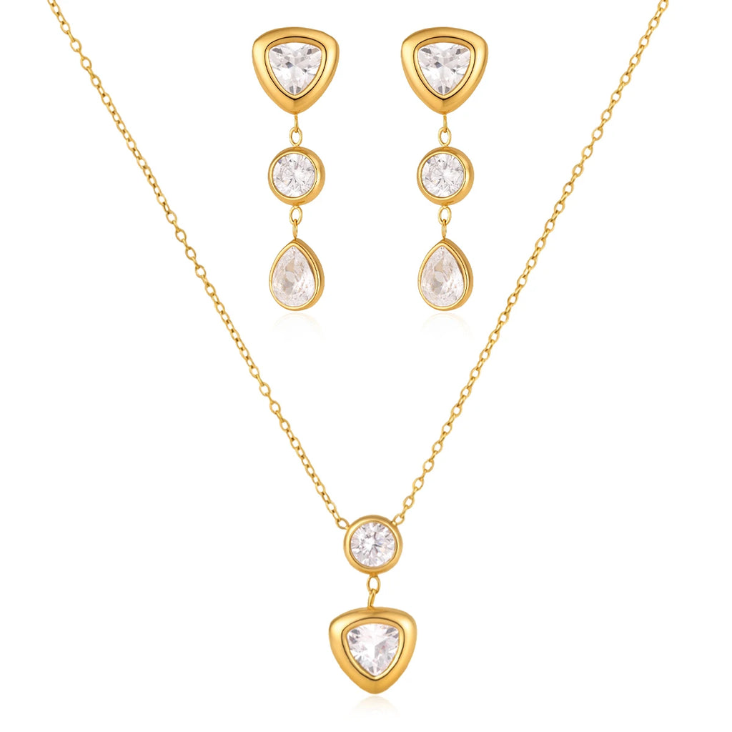 KIKA Elegant Geometric Zircon Pendant Necklace Earrings For Women Minimalist 18K Gold PVD Plated Stainless Steel 316L